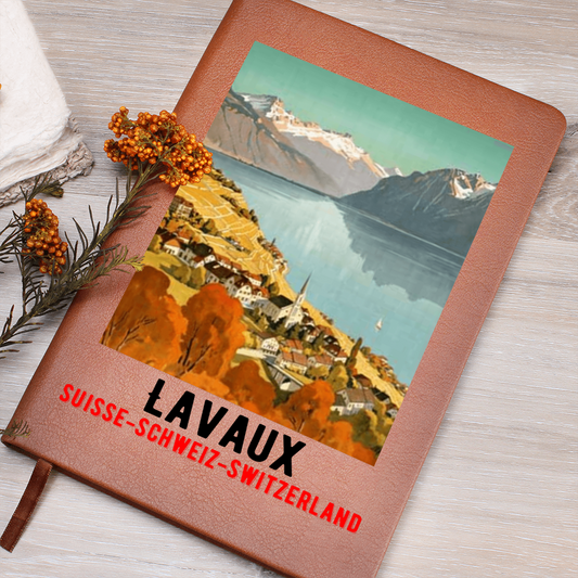 Lavaux Switzerland Leather Journal - Close-up of premium leather cover with Swiss vineyard theme