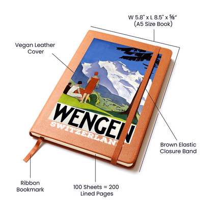 Vintage Wengen Switzerland Journal 🇨🇭 | Alpine Travel Poster Vegan Leather Notebook | Swiss Mountain Diary & Gift