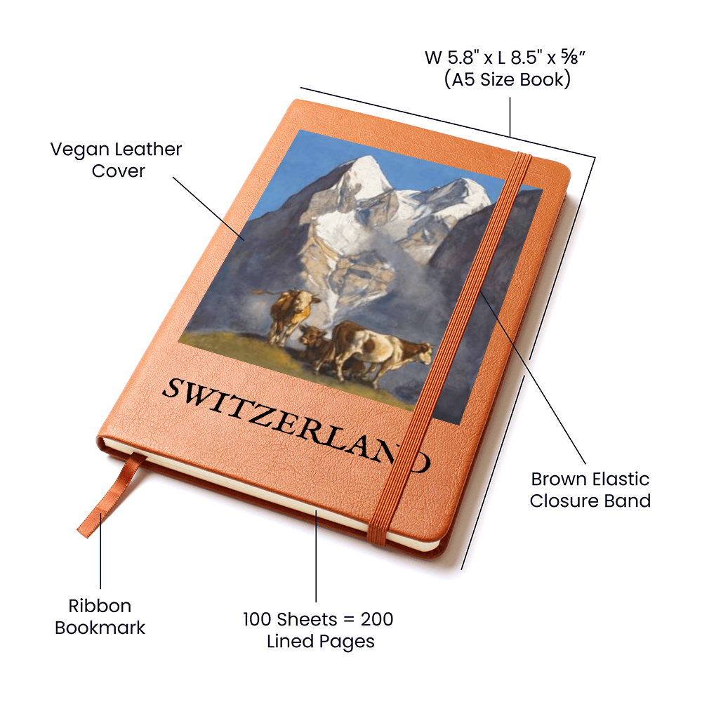 Vintage Switzerland Journal 🇨🇭 | Alpine Mountain & Swiss Cow Vegan Leather Notebook | Travel Diary, Gift for Switzerland Lovers