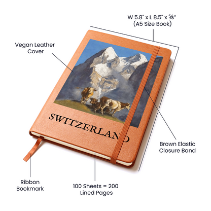 Vintage Switzerland Journal 🇨🇭 | Alpine Mountain & Swiss Cow Vegan Leather Notebook | Travel Diary, Gift for Switzerland Lovers