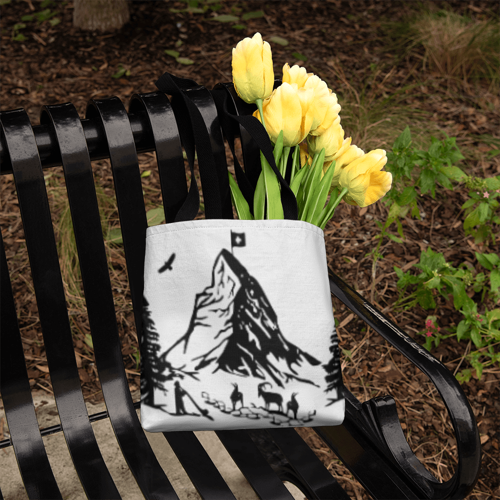 Swiss Matterhorn tote bag worn over shoulder with alpine design