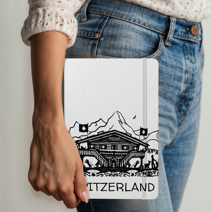 Minimal black and white Switzerland journal featuring traditional Swiss papercut art