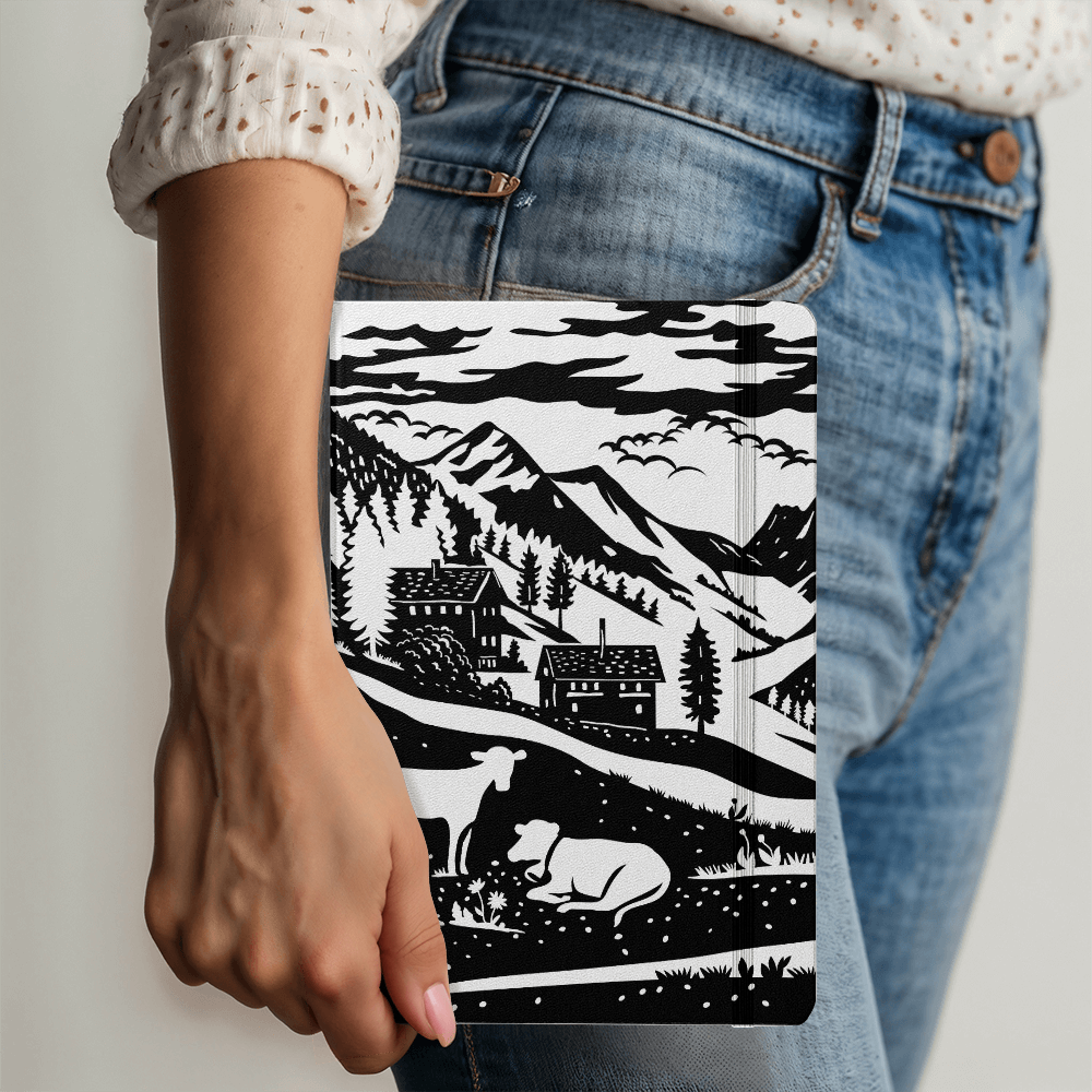 Luxury Swiss-inspired notebook with a durable hardcover and intricate Alpine village silhouette