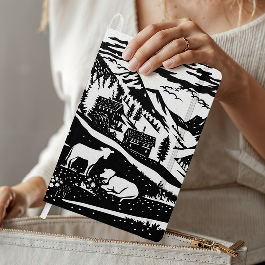 Elegant hardcover journal featuring a black and white Swiss Scherenschnitt mountain landscape design
