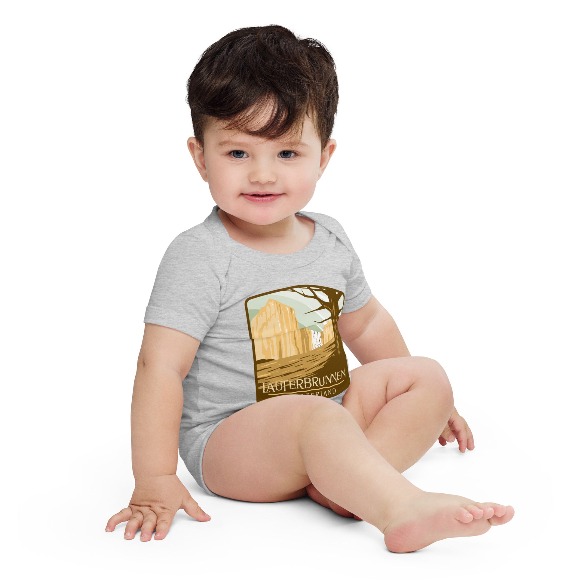  Heather gray baby bodysuit with vintage Lauterbrunnen Switzerland mountain design.