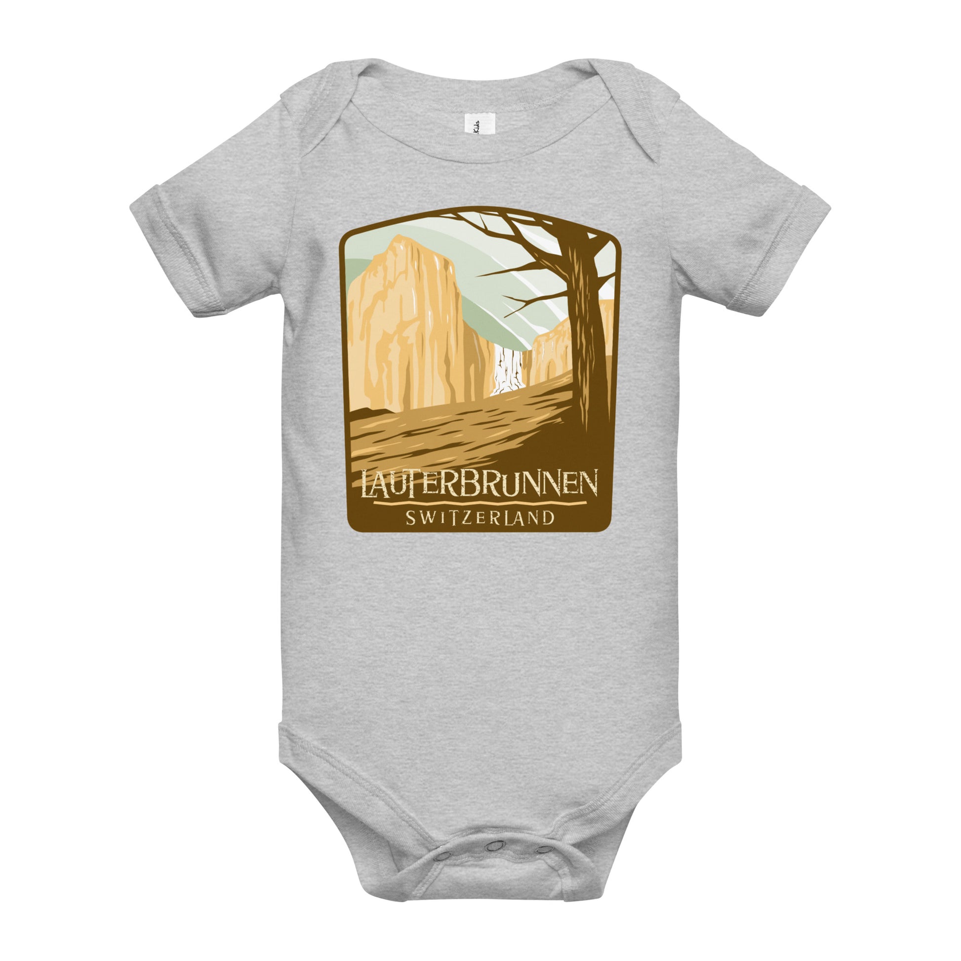 Scenic Swiss Alps infant onesie featuring Lauterbrunnen cliffs and trees.