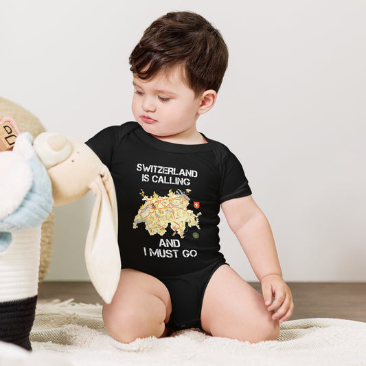 Switzerland is calling baby bodysuit – front view in black