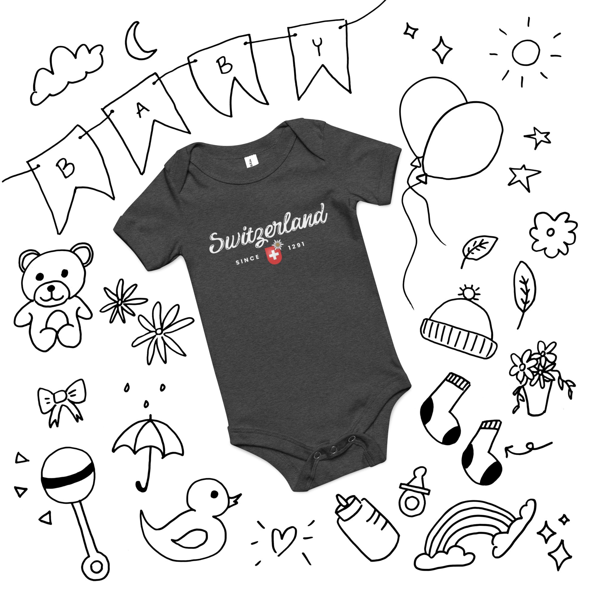 Close-up of “Switzerland Since 1291” text design on dark gray bodysuit