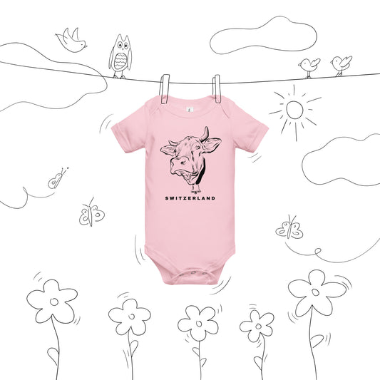 Pink baby bodysuit featuring a Swiss alpine cow and bell