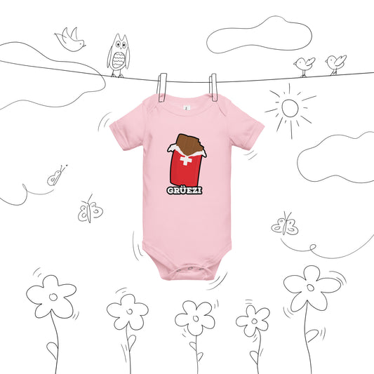 Cute baby wearing Swiss-themed bodysuit with "Grüezi" greeting