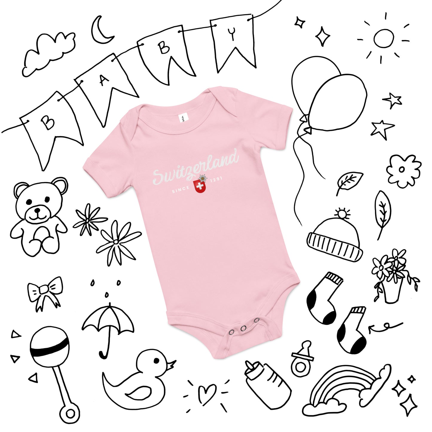 Pink baby onesie with Switzerland heritage design and Swiss cross