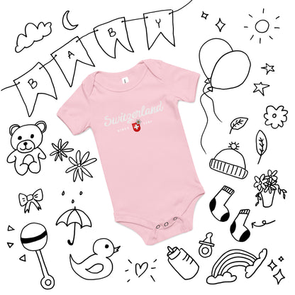 Pink baby onesie with Switzerland heritage design and Swiss cross