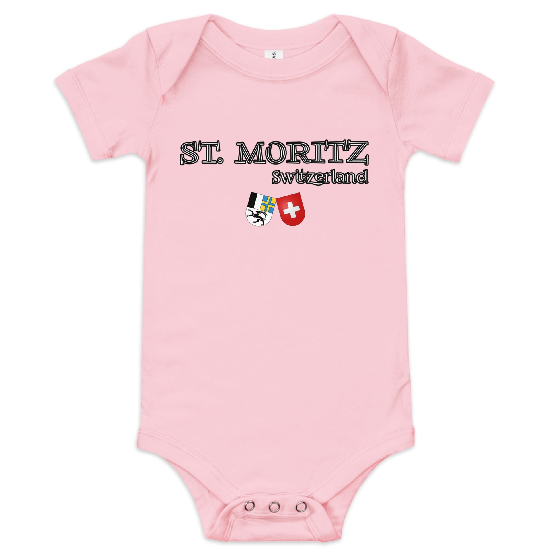 Pink baby bodysuit with St. Moritz print