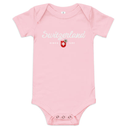 Swiss flag baby outfit perfect for newborns and travel-themed baby gifts