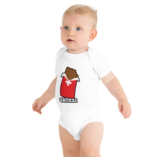 Grüezi Swiss chocolate baby bodysuit with red Swiss flag and chocolate bar design
