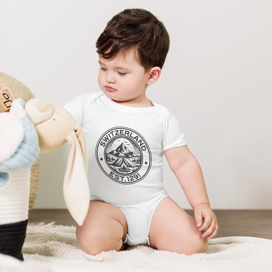 Switzerland EST 1291 baby bodysuit featuring Swiss mountains and vintage badge design