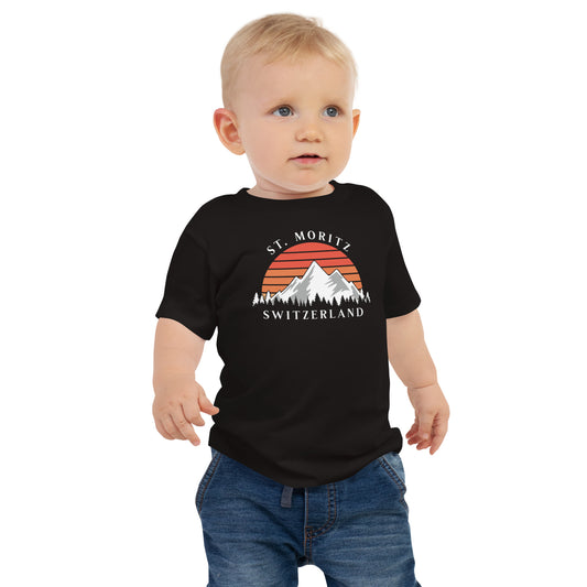 Baby t-shirt with retro sunset and St. Moritz Switzerland mountain design