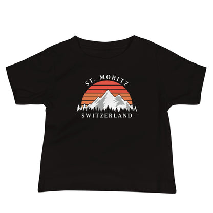 Minimalist St. Moritz baby tee in black with Alpine mountains