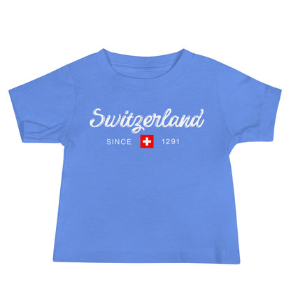 Minimalist Swiss baby shirt in black with white script and red flag.