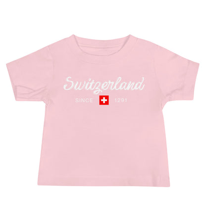 pink "Switzerland Since 1291" t-shirt with Swiss flag design.