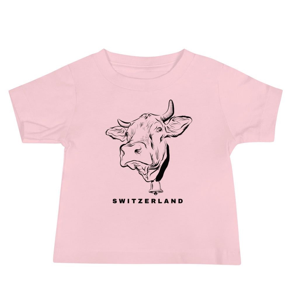 Swiss souvenir baby tee featuring alpine cow design