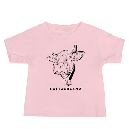 Swiss souvenir baby tee featuring alpine cow design