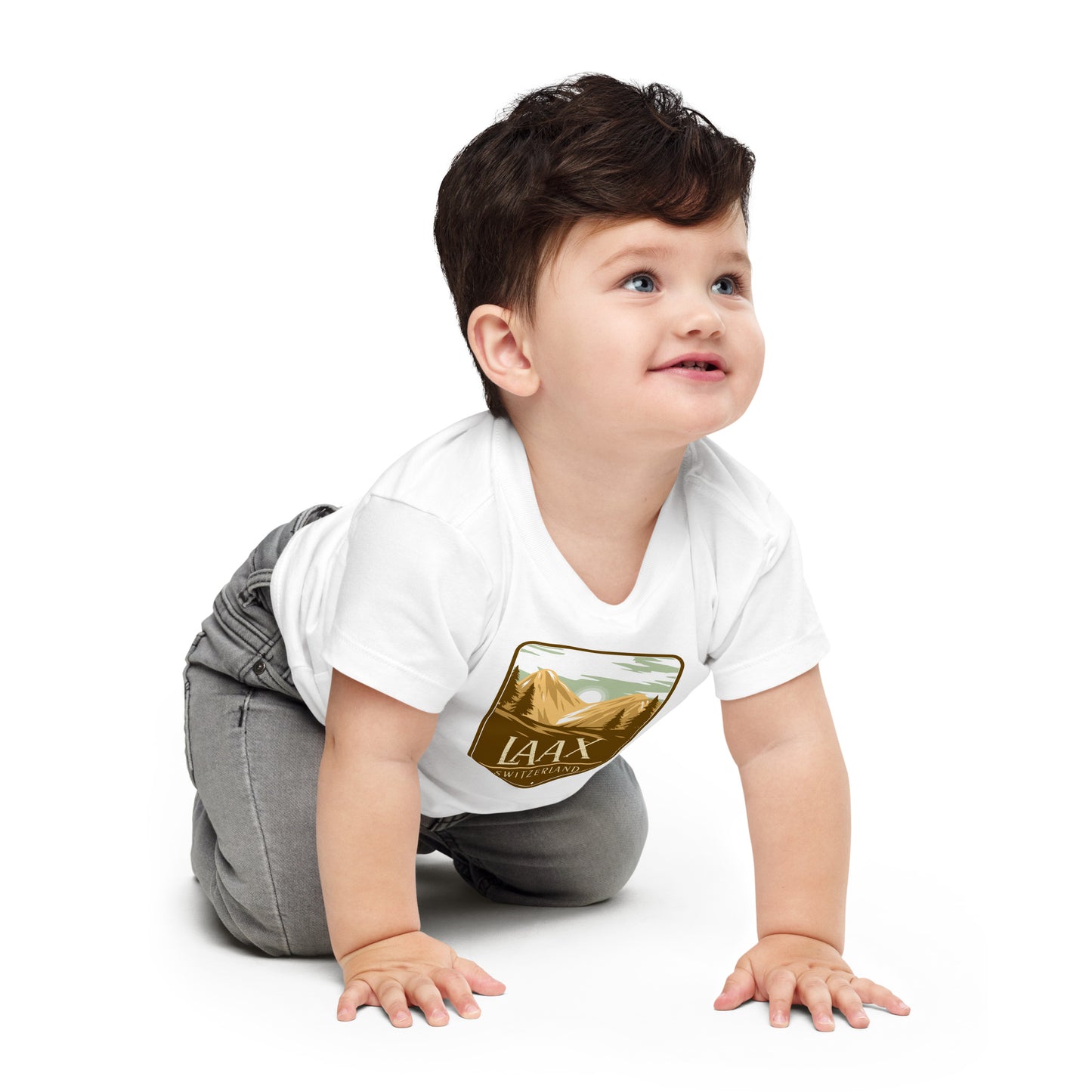Swiss souvenir baby tee featuring Laax mountain landscape