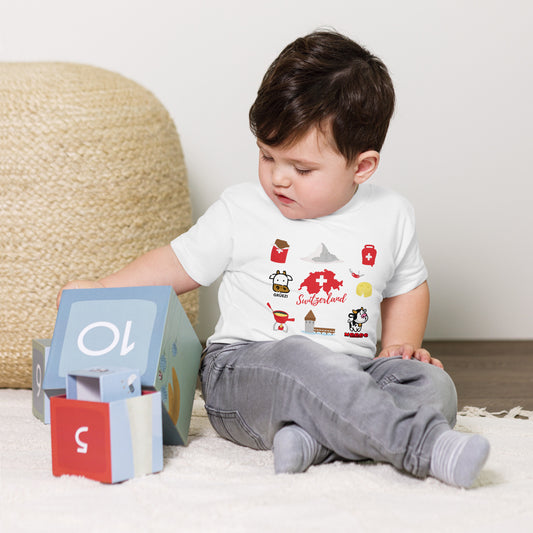 Baby wearing t-shirt with Swiss travel icons and map of Switzerland