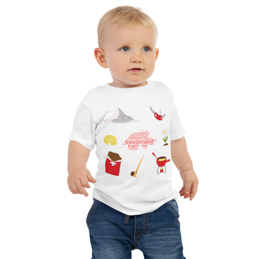 Swiss travel icons baby t-shirt with Alps, cheese, chocolate, and fondue