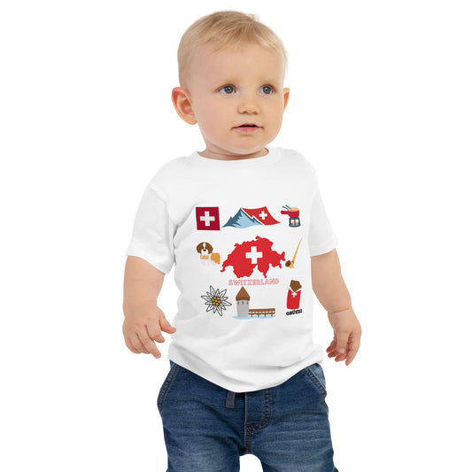 White baby shirt featuring Swiss flag, landmarks and swiss dog