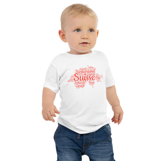 Switzerland baby t-shirt with word cloud map of Swiss cities