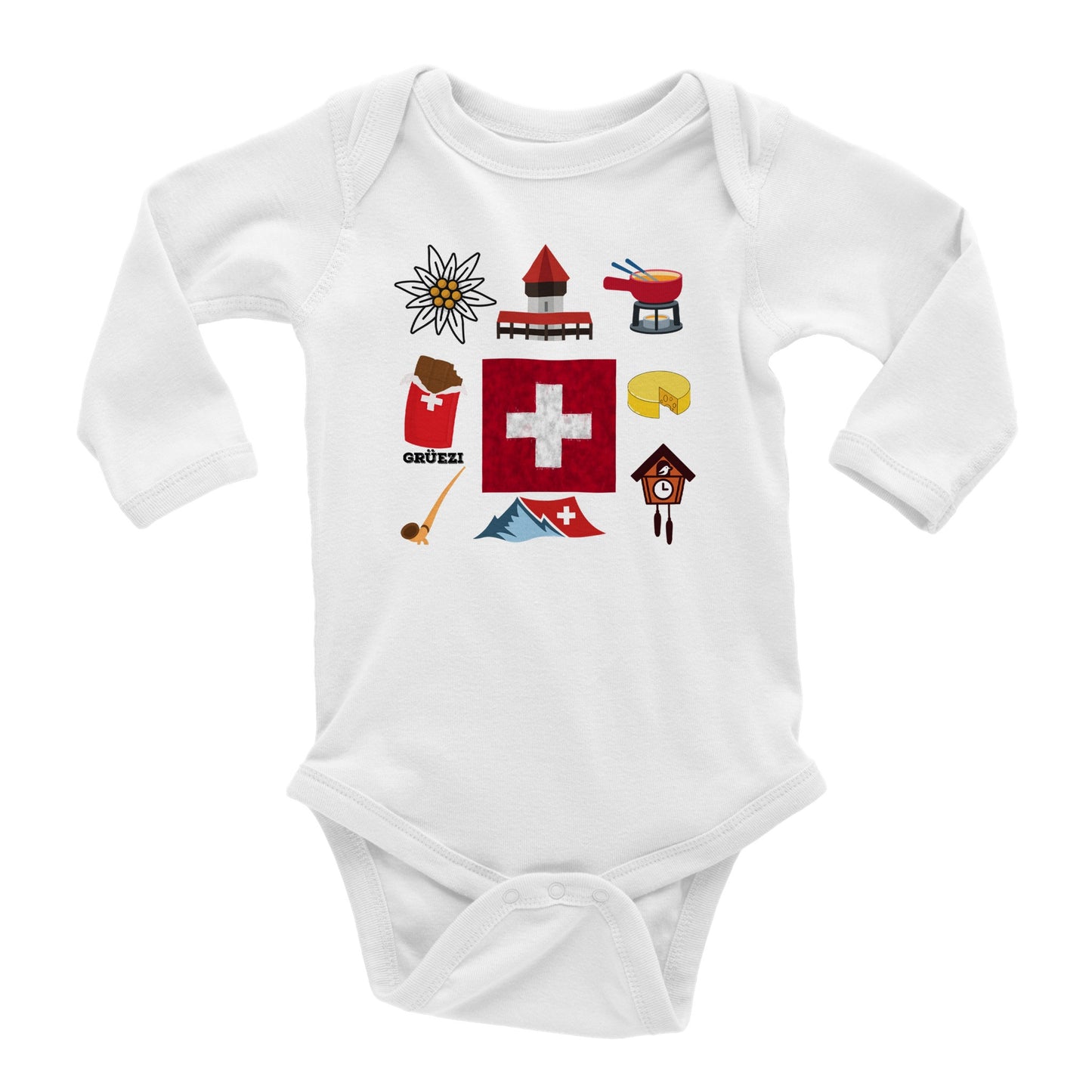 Adorable Swiss Culture Baby Bodysuit | Swiss Flag, Fondue, Chocolate, Alps Souvenirs