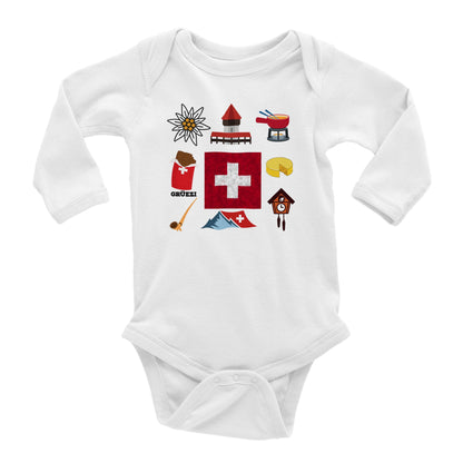 Adorable Swiss Culture Baby Bodysuit | Swiss Flag, Fondue, Chocolate, Alps Souvenirs