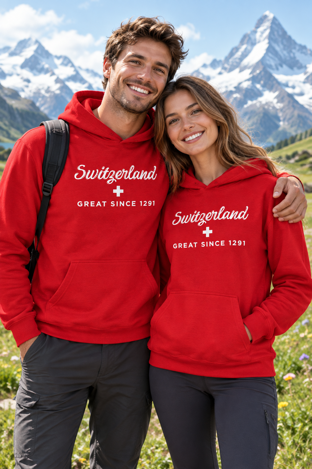 Couple wearing matching red Switzerland Great Since 1291 hoodies in the Swiss Alps