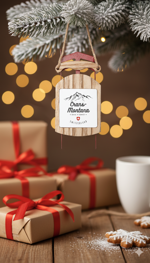 Handcrafted wooden sled ornament from Crans-Montana Switzerland souvenir