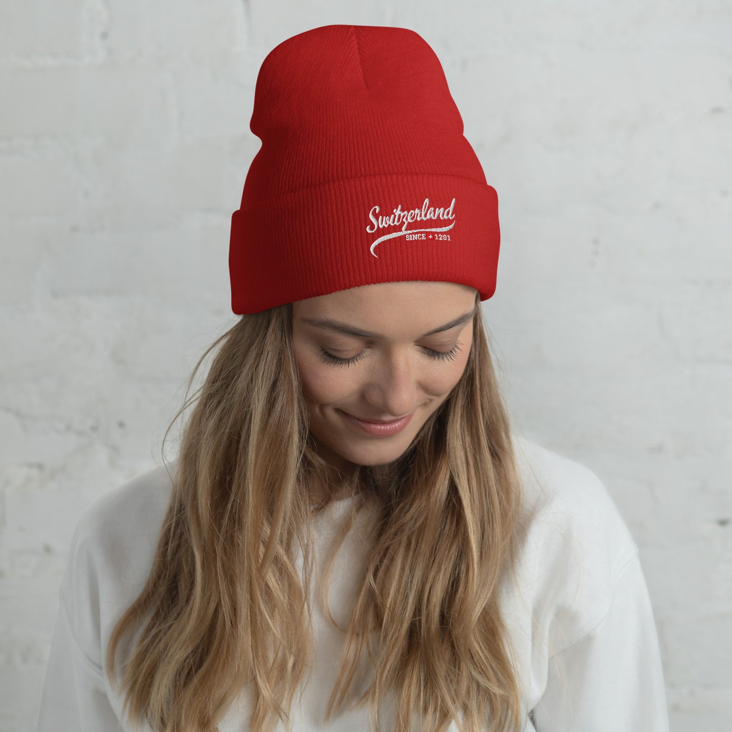 Switzerland pride beanie with bold embroidered lettering