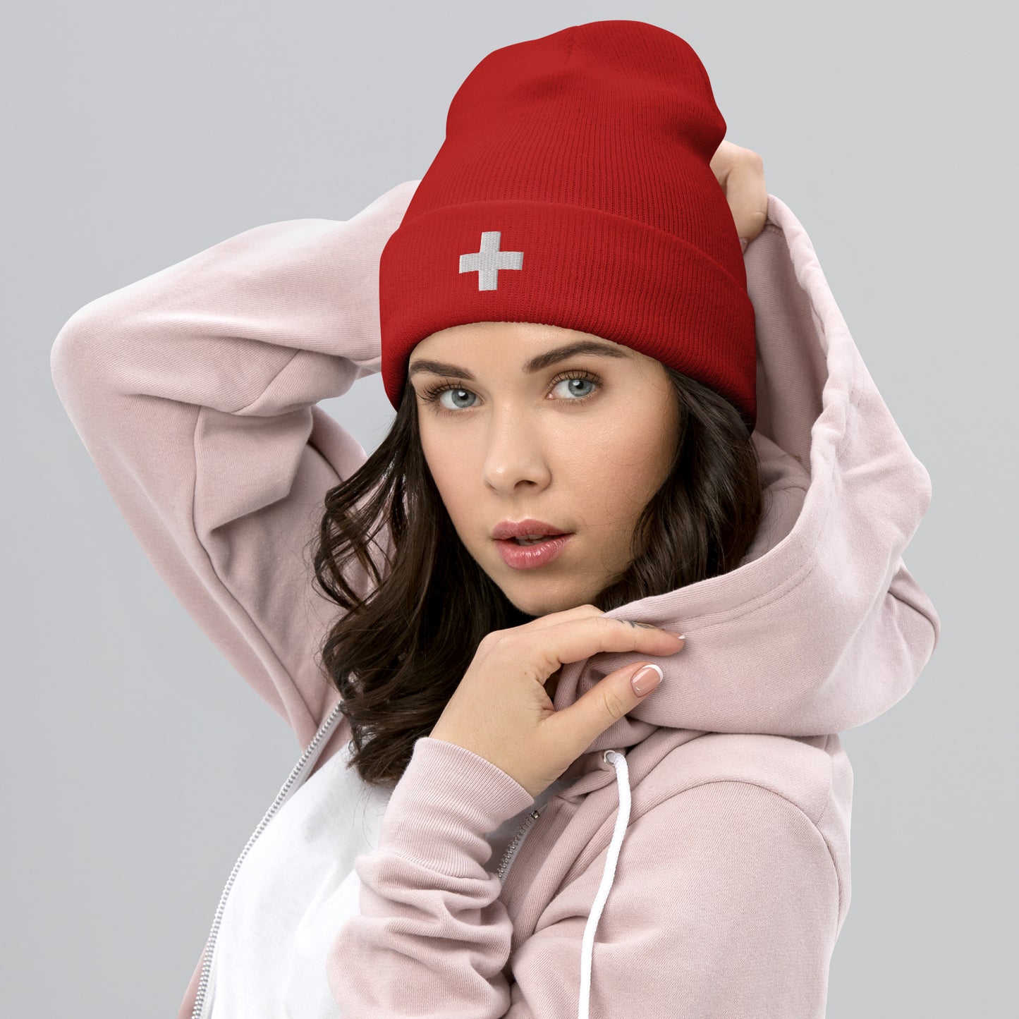 🎄 Red Swiss Flag Embroidered Beanie – Festive Gift for Travel & Nature Fans