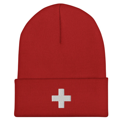 🎄 Red Swiss Flag Embroidered Beanie – Festive Gift for Travel & Nature Fans