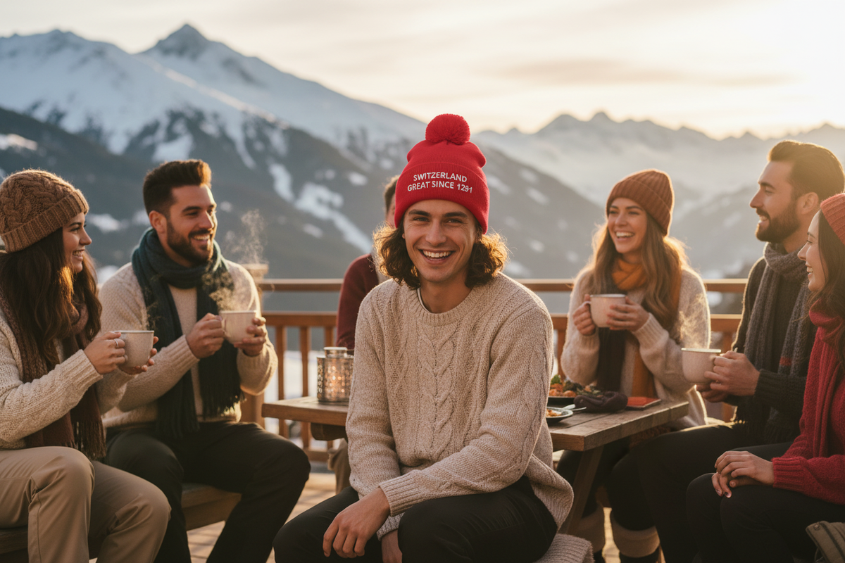 Person wearing a red Switzerland pom-pom beanie at an après-ski gathering in the Swiss Alps