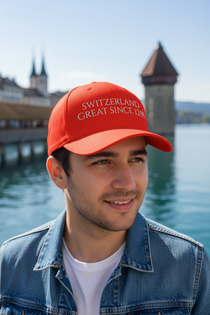 Man wearing red Switzerland Great Since 1291 embroidered baseball cap with Lake Lucerne and Chapel Bridge