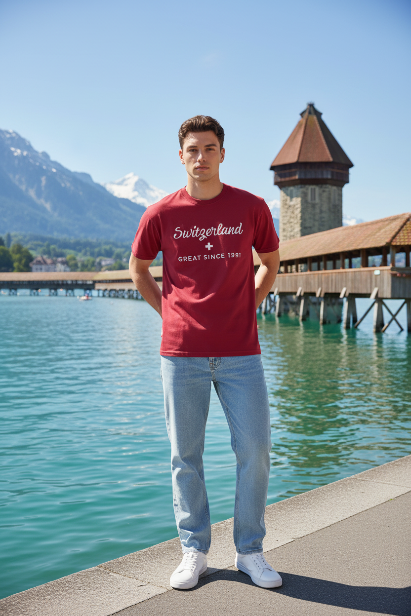 Man wearing Switzerland Great Since 1291 red Comfort Colors t-shirt by Lake Lucerne with Chapel Bridge and Swiss Alps in the background