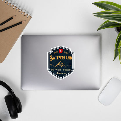 Swiss Alps badge-style sticker for laptops, journals, and travel gifts