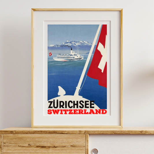 Vintage travel poster featuring a boat on the serene waters of Lake Zurich with the majestic Swiss Alps in the background, capturing the timeless beauty of this Swiss destination