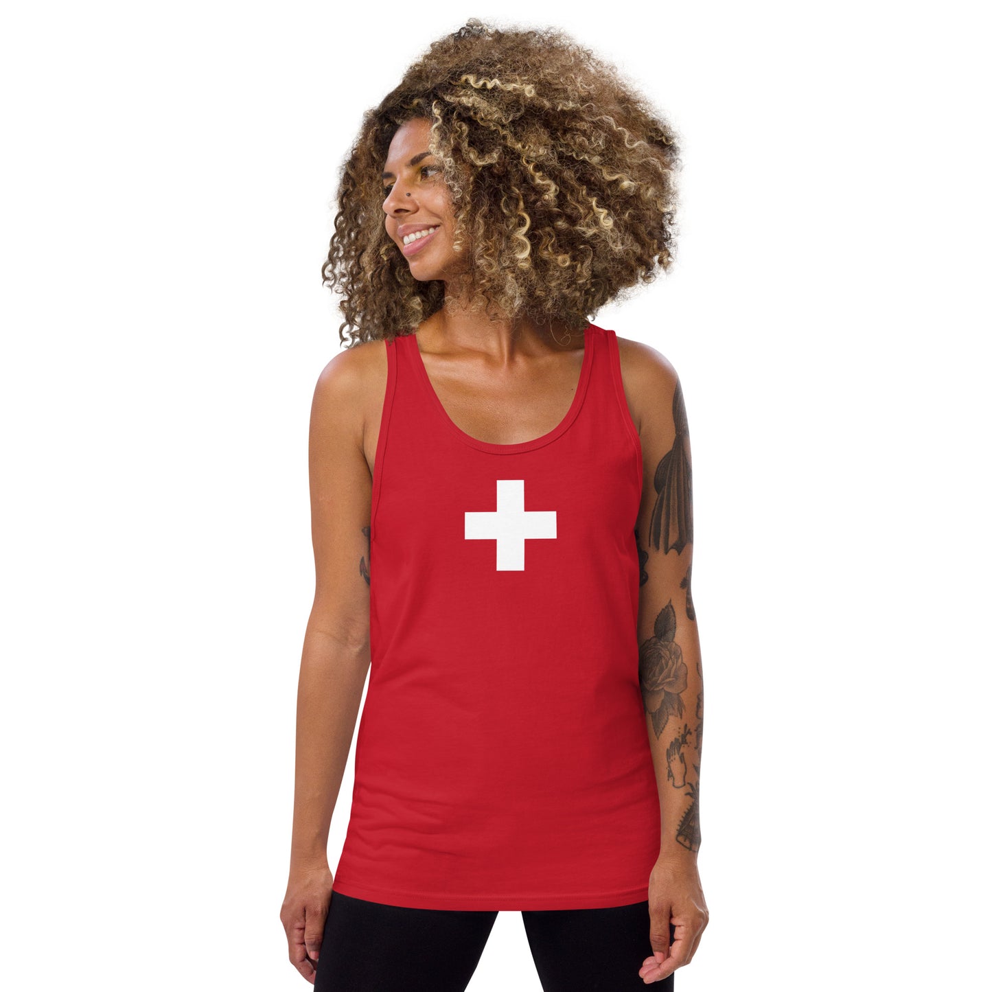 Close-up of Swiss flag graphic on lightweight tank top - red and white design
