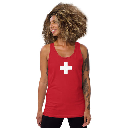 Close-up of Swiss flag graphic on lightweight tank top - red and white design