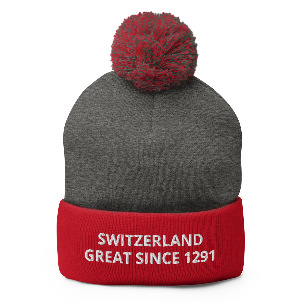 Switzerland Great Since 1291 Gray and red beanie with pom-pom on a white background
