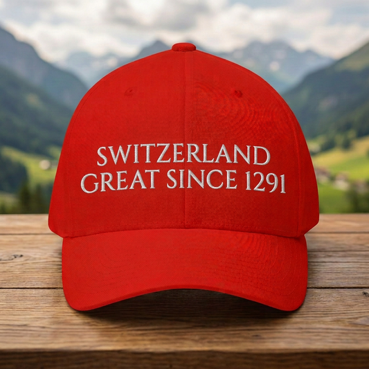 Red Switzerland cap with brighter white embroidered lettering