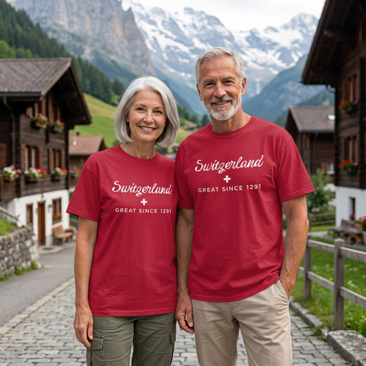 Retired couple in Mürren wearing roomier Comfort Colors 1717 shirt mockups