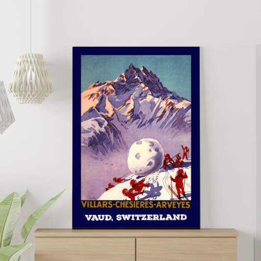 Vintage travel poster featuring Villars, Chesieres, and Arveyes in Switzerland. A captivating artwork showcasing the beauty of the Swiss Alps and the picturesque landscapes of Villars, Chesieres, and Arveyes