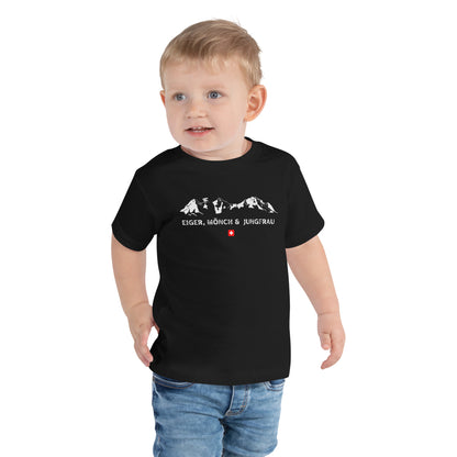 Black toddler short sleeve t-shirt with Eiger, Mönch, Jungfrau Swiss Alps print, front view